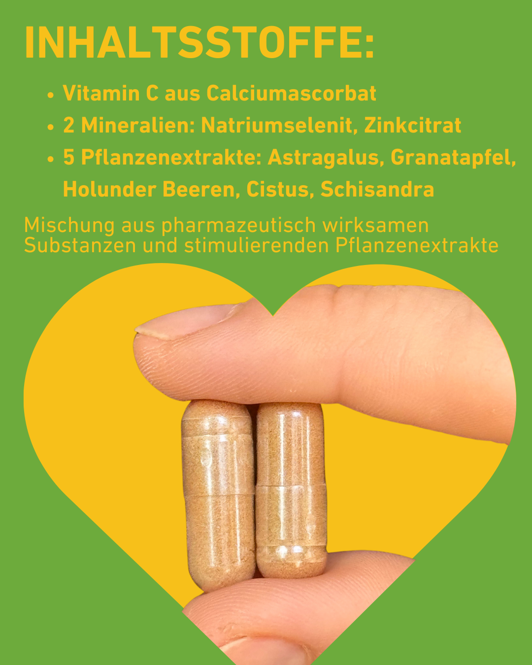 Abwehrkraft Kapseln Stärkung der Abwehrkräfte - Kräuter und Vitamine für ein starkes Immunsystem,
Vitamin C aus Calciumascorbat, Mineralien: Natriumselenit, Zinkcitrat, Pflanzenextrakte: Astragalus, Granatapfel, Holunder Beeren, Cistus, Schisandra, Adaptogen, Supplement, Apothekenqualität, Hochdosiert, Immunsystem Booster, Power, Gesundheit, regional, Österreich, Apotheke, Immunität, Inhaltsstoffe, Pflanzenextrakte