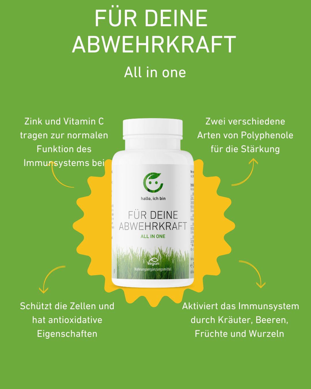 Abwehrkraft Kapseln Stärkung der Abwehrkräfte - Kräuter und Vitamine für ein starkes Immunsystem,
Vitamin C aus Calciumascorbat, Mineralien: Natriumselenit, Zinkcitrat, Pflanzenextrakte: Astragalus, Granatapfel, Holunder Beeren, Cistus, Schisandra, Adaptogen, Supplement, Apothekenqualität, Hochdosiert, Immunsystem Booster, Power, Gesundheit, regional, Österreich, Apotheke, Immunität, Inhaltsstoffe, Pflanzenextrakte, Qualitätsversprechen, österreichische Wertschöpfung, studienbasiert, antioxidativ