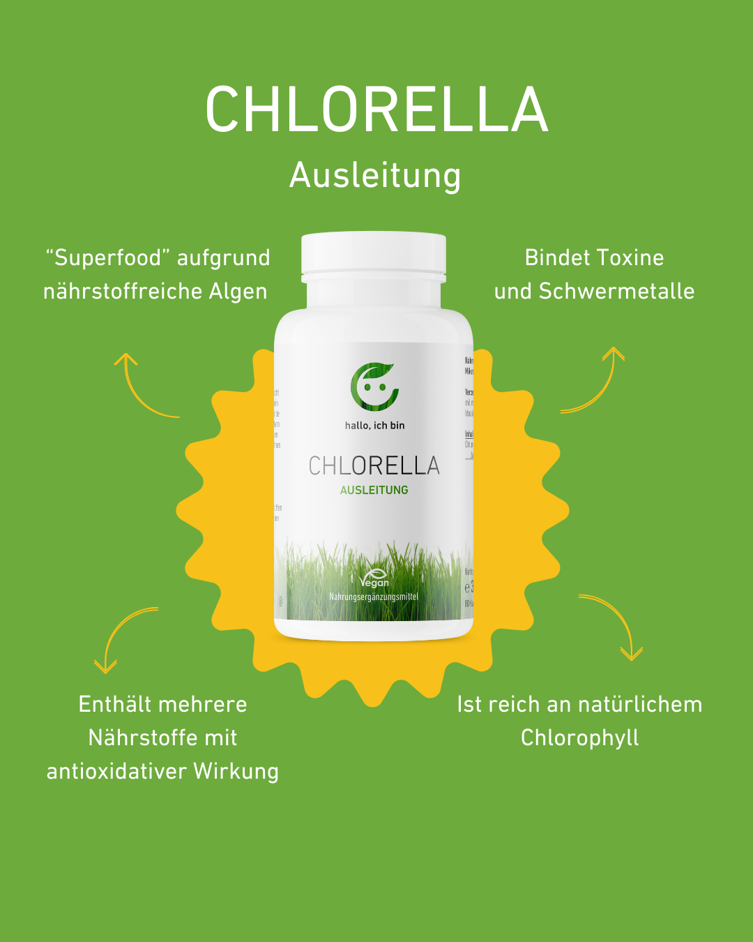 Chlorella Superfood Kapseln für Detox und Energie – hochwertige Algenpräparat, Vitaminen und Mineralien, Immunsystems, Detox, Energie und Hautgesundheit, vegane, vegetal, nachhaltig, Chlorophyll, Supplement, apothekenqulität, Entgiftung, Gesundheit, Wirkung, Algen, Immunabwehr, Cholesterin, regional, Apotheke, Apothekenqualität, Qualität, Superfood. Österreich, Ausleitung, antioxidativ