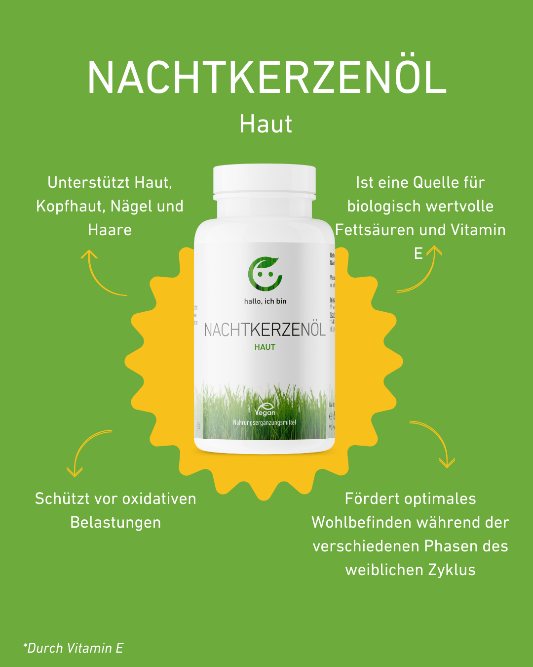 Hochwertiges Nachtkerzenöl für Hautpflege und Hormonbalance, Quelle für nährstoffreiches Öl, für Neurodermitis und Haarpflege, Wirkung, Hormonhaushalt, Pflege für die Haut, Neurodermitis oder Akne, Hormonelle Balance: PMS- und Wechseljahrs, Zyklus Beschwerden, Natürliches Wohlbefinden: gesunde Haare und Nägel, Haarkur, Supplement, Gesundheit, Kapseln, gegen oxidative Belastungen, Wohlbefinden, weibliche Zyklus