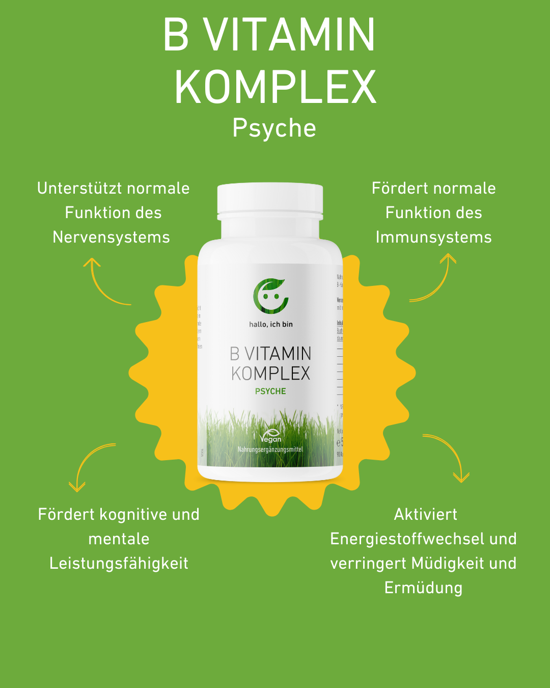 Vitamin B-Komplex Kapseln für Energie, Hautgesundheit und geistige Leistung, 100% vegan und ohne Zusatzstoffe, Nerven, Müdigkeit, alle B vitamine, B1, B2, B3, B5, B5, B7, B9, B12, buchweizenkeim, vegan, vegetal, antistress, psyche, apothekenqualität, hochdosiert, supplement, Apotheke, Qualität, vegan, österreichische Wertschöpfung, Pflanzenextrakte, regional, Österreich, Psyche, Leistungsfähigkeit, Müdigkeit, Ermüdung, Energiestoffwechsel